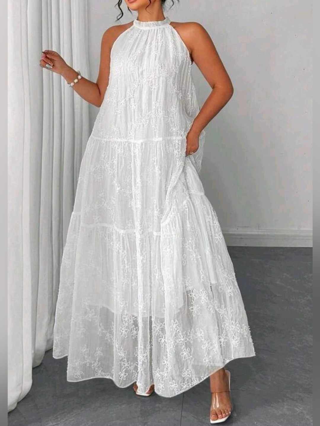 New Boho Lace Tie Neck Halter Loose Maxi Dress Plus Tiered Sleeveless White
